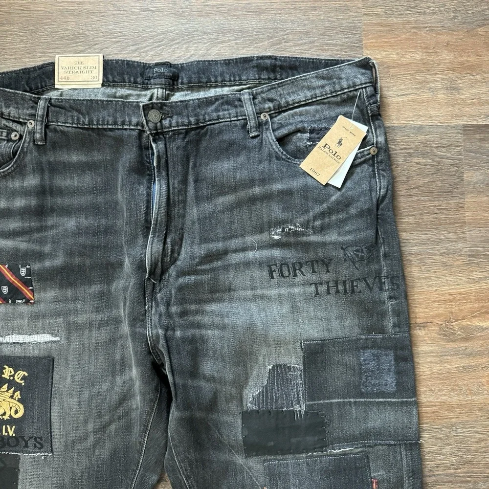 Polo Ralph Lauren Jeans Mens 44Bx30‎ Black Varick Slim Straight Patchwork Grunge